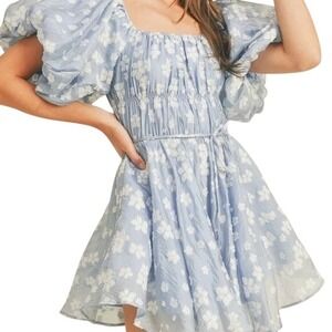NWT &Merci Blue Embroidered Babydoll Dress Puff Sleeve size Large